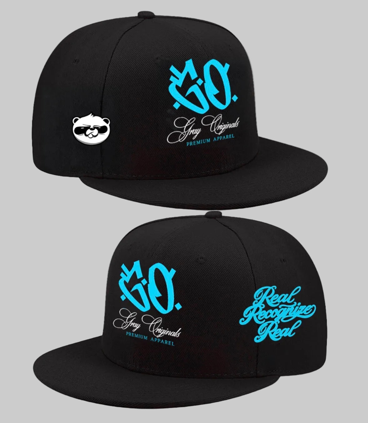 One white flat-brim snapback cap shown from different angles on a light gray background. The caps feature teal embroidered logos, including '3D embroidered raised front GO logo. In addition, embroidered flagship panda logo on the left side, right side "Real Recognize Real" embroidered on the cap.
