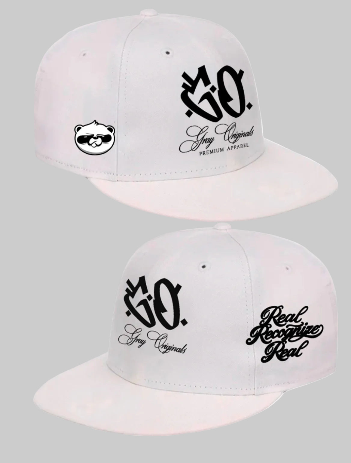 One white flat-brim snapback cap shown from different angles on a light gray background. The caps feature black embroidered logos, including '3D embroidered raised front GO logo. In addition, embroidered flagship panda logo on the left side, right side "Real Recognize Real" embroidered on the cap.