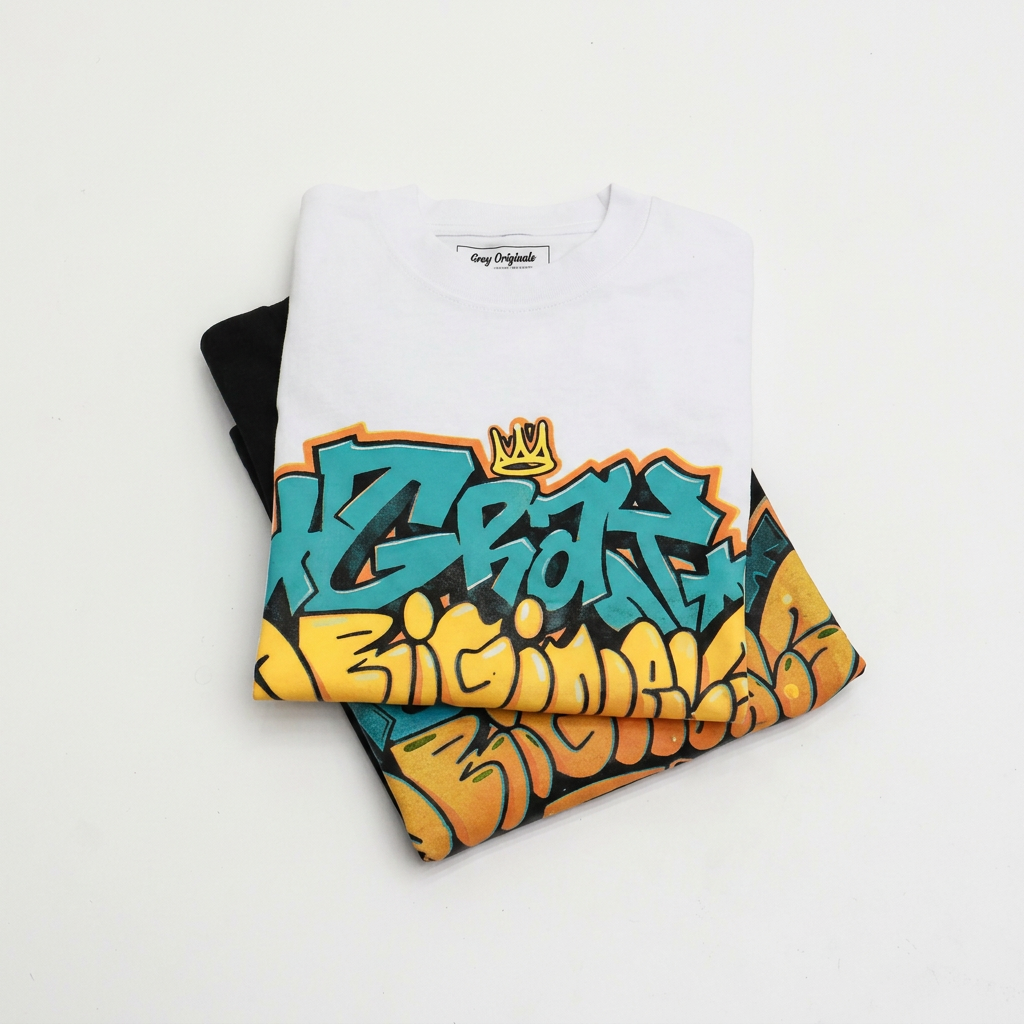 Square product placeholder with folded graphic shirts on a clean background